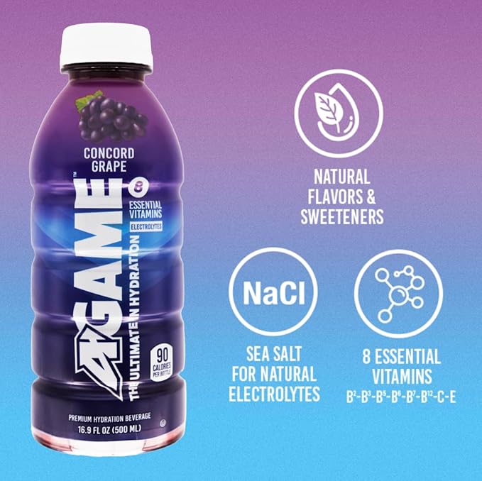 A-GAME Sports Drink Concord Grape The Ultimate Hydration Sports Beverage for Athletes 8 Essential Vitamins including B C &amp E plus Natural Sea Salt Electrolytes All Natural Flavors &amp Swee