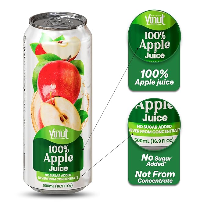 VINUT 100% Apple Juice No Added Sugar Not From Concentrate 16.9 fl oz (500 mL) Can Pack of 12