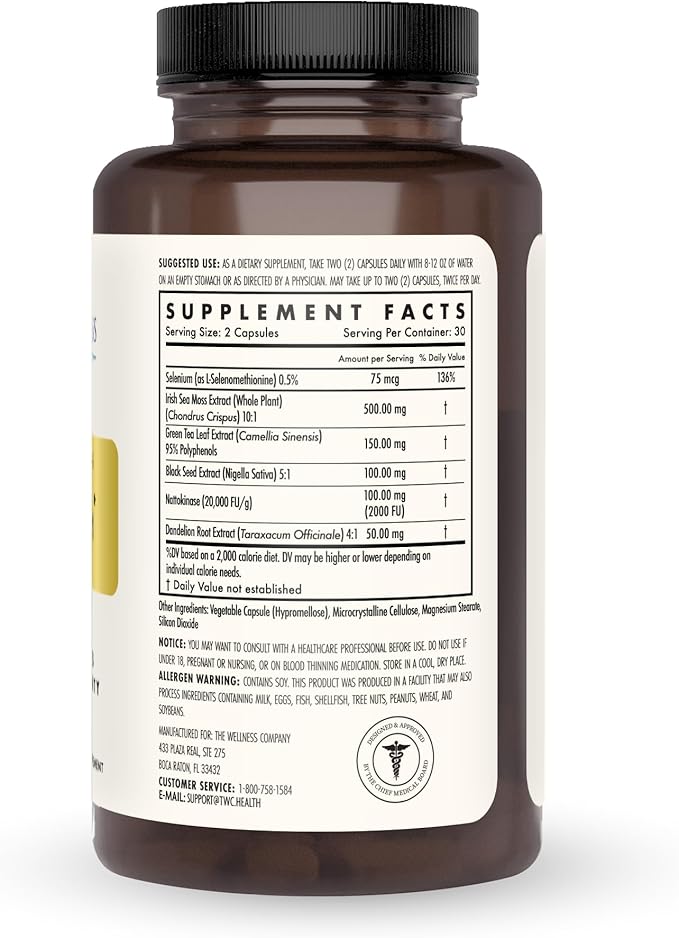 The Wellness Company Spike Support - Detox Immune Health Blood Flow Anti-Clotting - Nattokinase Dandelion Root &amp Black Sativa | 60ct (1 Month Supply)