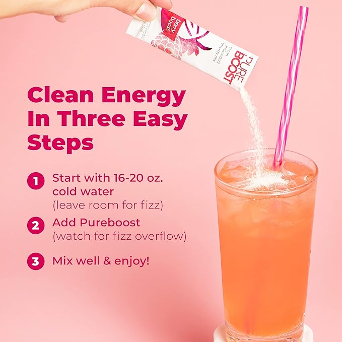 Pureboost Clean Energy Booster Refreshing Energy Drink Mix with B12 Vitamins Electrolytes Antioxidants Sugar-Free with No Sucralose (Berry Boost 30 Count)