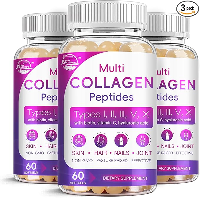 Multi Collagen Peptides Softgel - Type I II III V X - Hydrolyzed Collagen Peptides with Biotin Vitamin C Hyaluronic Acid Supports Skin Hair Nail Grass-Fed Non-GMO 60 Softgel 3 Pack