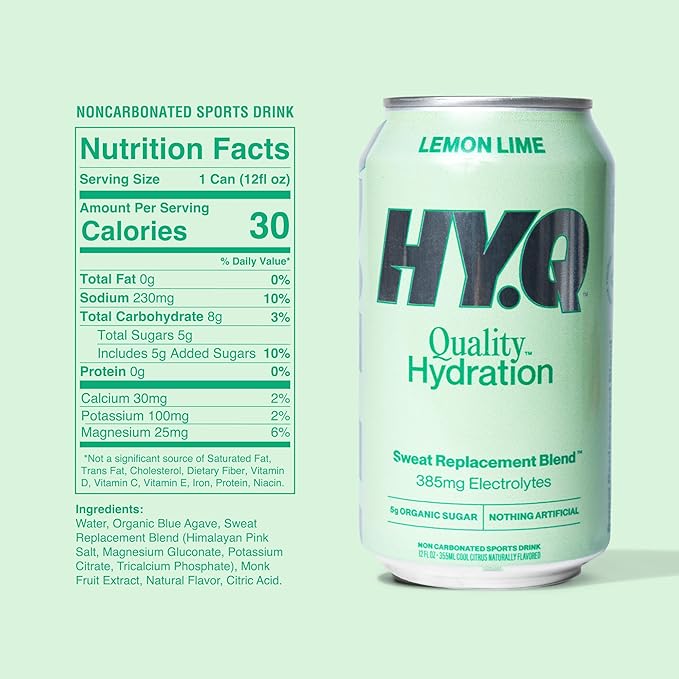 HY.Q Hydration Drink Lemon Lime 12 fl oz (12-Pack) Canned Sports Drink Quality Ingredients for Hydration Sweat Replacement Electrolytes Non-Carbonated Flavored Electrolyte Beverage