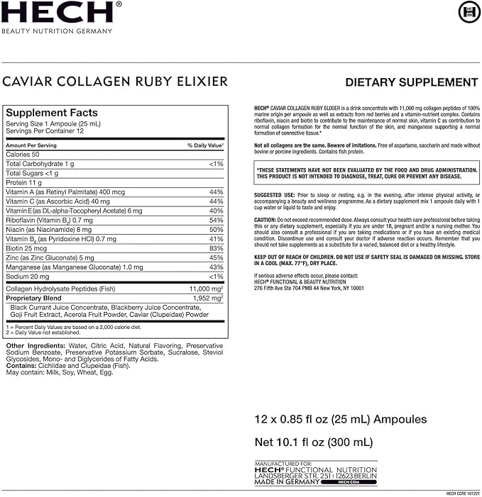 Caviar Collagen Ruby Elixier - Beauty Supplement with 11000 mg Marine and Caviar Collagen Peptides Polyphenols and Complex of 9 bioactive Vita-Mineral Nutrients