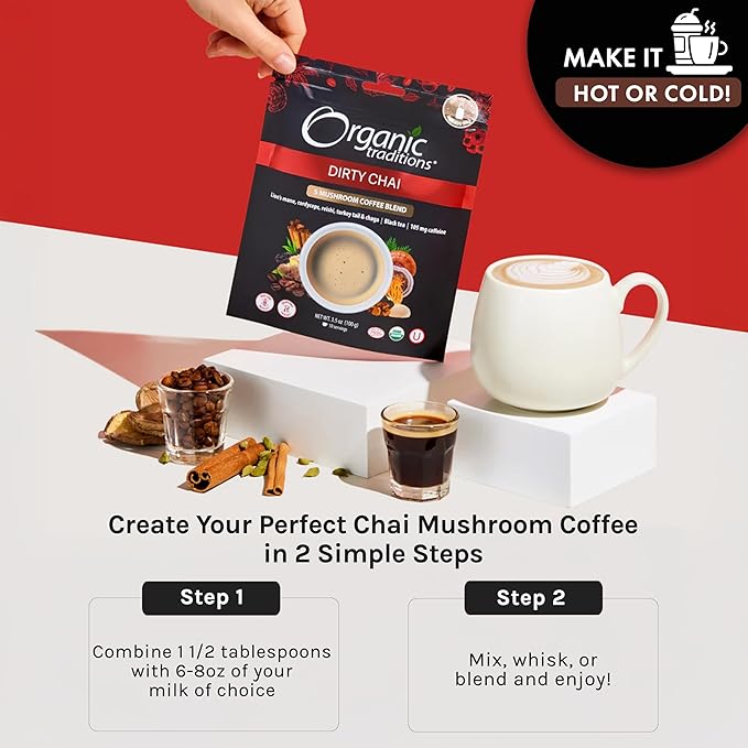 Organic Traditions Dirty Chai Mushroom Coffee Instant Coffee with Lion’s Mane Chaga Reishi Cordyceps Turkey Tail Organic Black Tea MCT Oil Powder Chai Spice Blend 105mg Caffeine 100g / 3.5 o