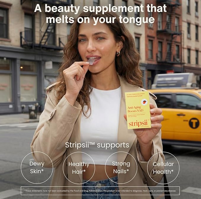 Collagen Biotin NAD &amp Hyaluronic Acid Beauty Supplement Strips – Fast-Dissolving FlashRelease™ Tech – Skin Hair &amp Nail Support – Sugar-Free Non-GMO Gluten-Free Tropical Flavor USA Made