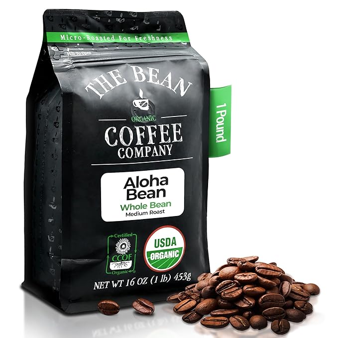 The Bean Organic Coffee Company Aloha Bean (Hawaiian Hazelnut) Medium Roast Whole Bean Coffee 16-Ounce Bag