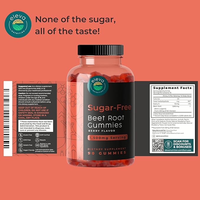 Sugar-Free Beet Root Gummies- Vitamin C &amp B9- Memory &amp Focus Chews- Nitric Oxide -Energy Beet Supplement- 90 Organic Beetroot Chews for Men &amp Women