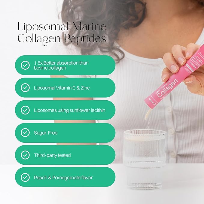 Liposomal Marine Collagen Powder Packets 2100mg Sugar-Free Flavored Powder 190mg Vitamin C for Skin Hair and Nails Supports Joint Health - 30 Packets Peach Pomegranate Flavor