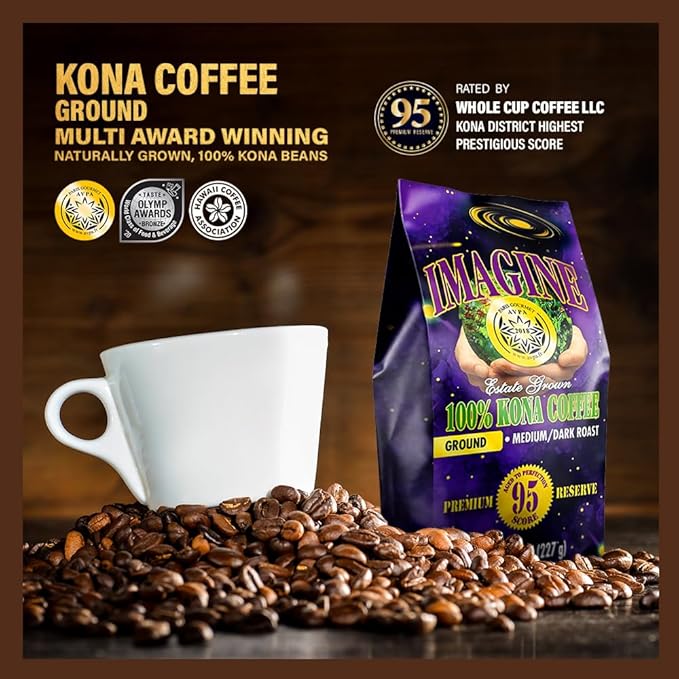 Imagine Kona Organic Coffee Beans | Arabica Kona Beans | Top Grade Air Roasted | Medium Dark Roast | Organic Whole Bean (Ground 8 ounce)