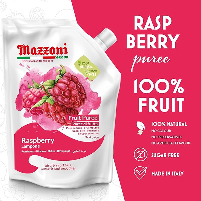 Mazzoni - Raspberry Puree 100% Pure Raspberries Just Fruit No Sugar Added Real Fruit for Smoothies Drinks Cocktails Fruit Juice - 2.2 lb Convenient Pouch Made in Italy