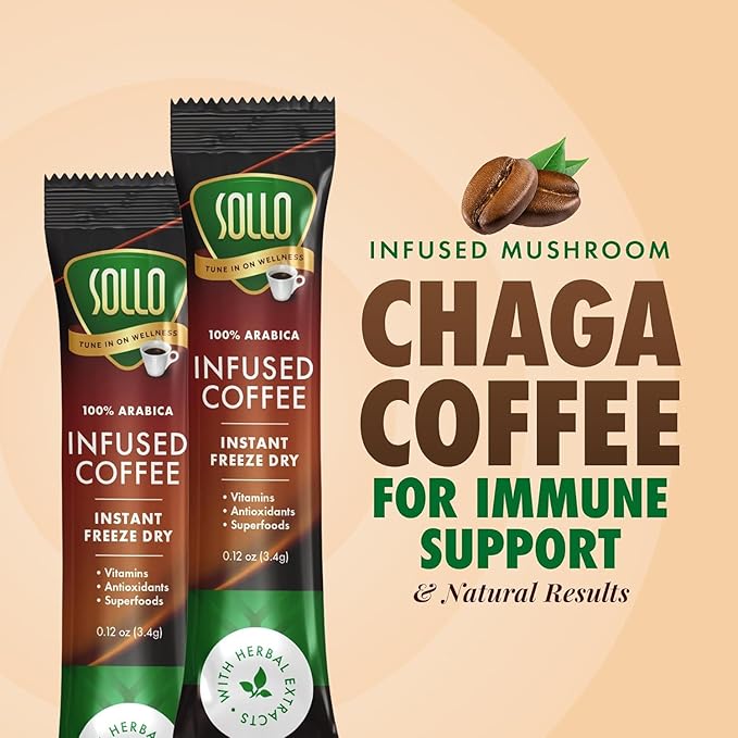 Sollo Infused Instant Chaga Mushroom Coffee Sticks (24 Servings) Memory &amp Clarity Support 100% Chaga Medium-Dark Roast Arabica Freeze Dried Coffee in Single Serve Sticks.