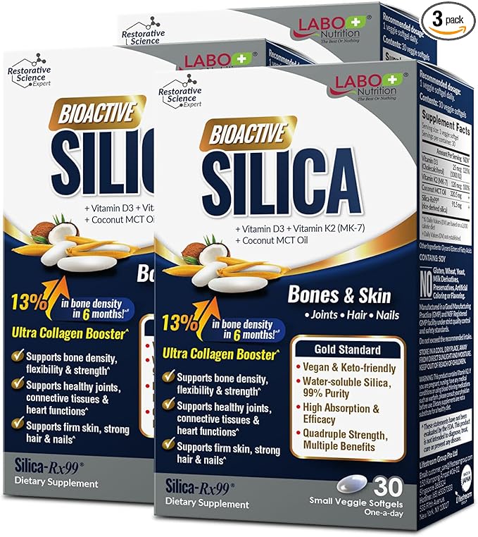 LABO Nutrition Bioactive Silica – Hair Skin Nails Collagen Formation Joint &amp Bone Strength – Support Bone Health &amp Collagen Booster– 99% Purity Rice-Derived Silica Supplement 30 Vegan Sof