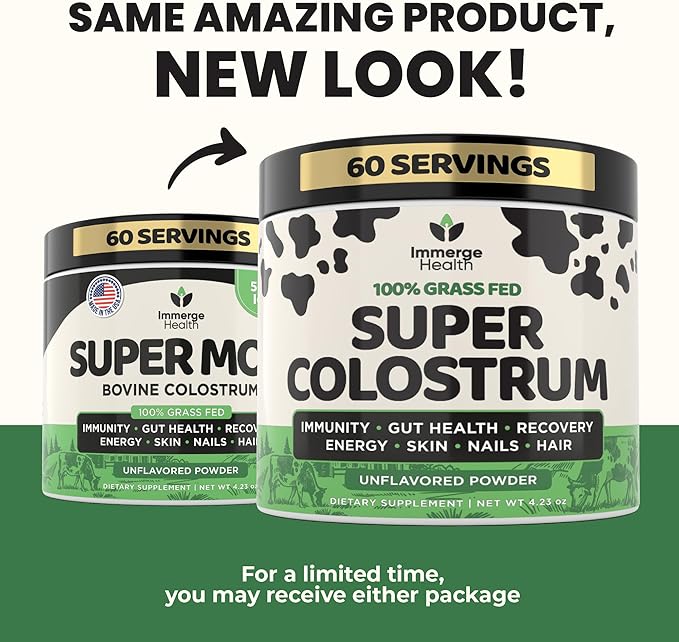 Immerge Health Super Colostrum Powder (60 Servings) – Premium Bovine Colostrum Supplement for Gut Health Bloating &amp Immune Support – High IgG 100% Grass Fed First Milking Unflavored Made in US