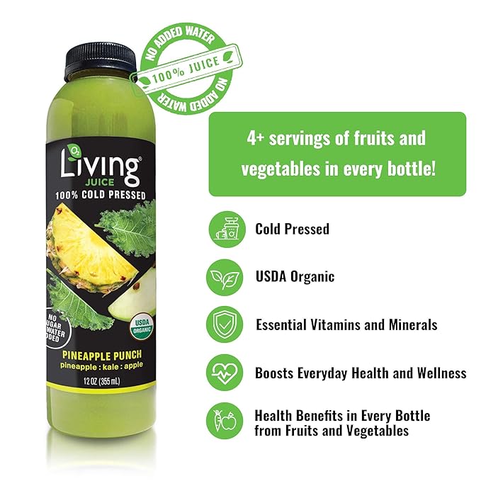 O2 Living Juice Cold Pressed Drink - Pineapple Punch Organic Juice Variety Pack - No Added Sugars or Water Naturally Sweetened from Fruits Rich in Nutrients &amp Vitamins - 12oz (6-Pack) + 4oz (5-P