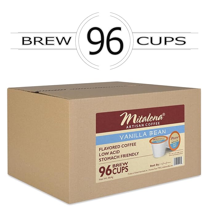 Mitalena Artisan Vanilla Bean Low Acid Coffee Pods for Keurig - Medium Roast K Cups for Acid Reflux Prevention - 96 Organic Coffee &amp Vanilla Flavor Cups