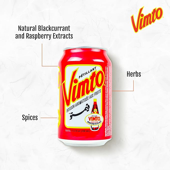 Vimto Sparkling Fruit Flavored Drink – Soda with Natural Black Cherry Raspberry Black Currant – Middle Eastern Formula – Perfect for Ramadan Celebrations – Refreshing Beverage 12 fl oz (Pack of 24