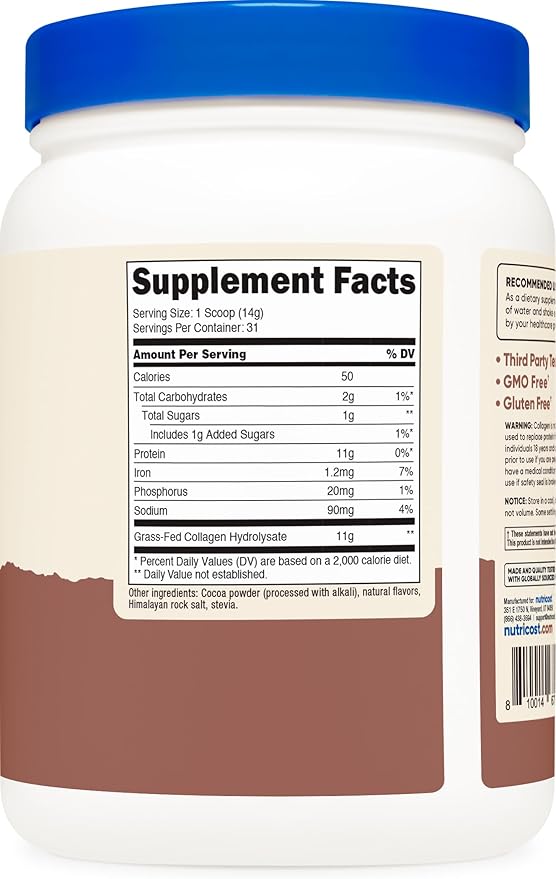 Nutricost Collagen Peptides Powder 1LB (454 G) (Chocolate) - Grass Fed Bovine Collagen Hydrolysate