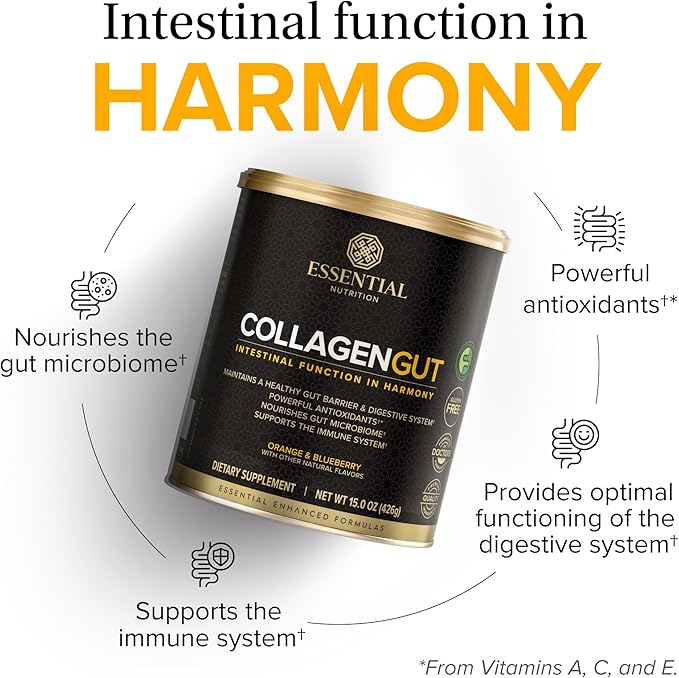 Essential Nutrition - Collagen Gut - Collagen Peptides Powder - Gut health supplement Immunity - Prebiotic Fiber Turmeric Extract FODMAP Friendly Sugar-Free - Orange &amp Blueberry- 15oz (20 Servi