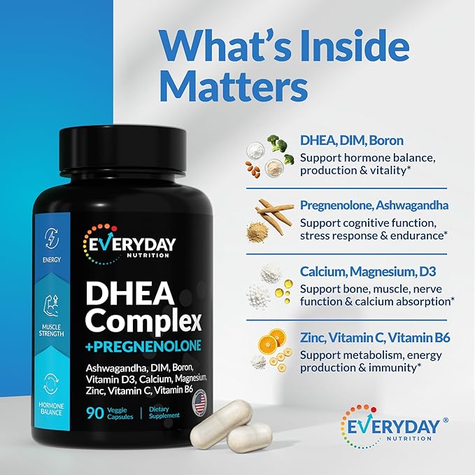 DHEA Micronized 200mg Complex with Pregnenolone 100mg Supplement for Men &amp Women with Ashwagandha DIM Magnesium Boron Calcium  Zinc Vitamin D3 C and B6 Hormone Support - Made in USA 90 Caps