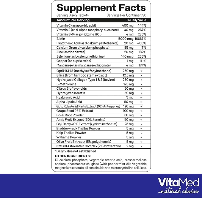 VitaMed Hair Skin &amp Nails – Biotin 5000 mcg Collagen OptiMSM Keratin Hyaluronic Acid &amp Silica | Supports Hair Growth Radiant Skin Strong Nails | Halal Non-GMO Gluten-Free – 180 Beauty