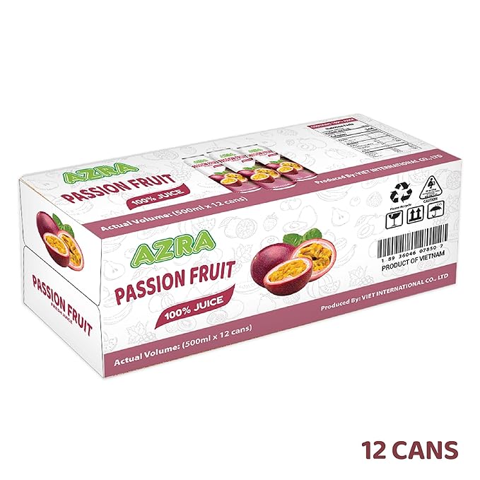 AZRA 100% Passion Fruit Juice 500 ml Can (Pack of 12) – Real Fruit Beverages with No Added Sugar – Healthy Drinks and Fresh Juice – Natural Passion Healthy Drink – 16.9 fl oz Cans