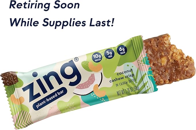 Zing Plant Based Protein Bar Coconut Cashew Crisp Nutrition Bar 10g Protein 5g Fiber Vegan Gluten Free Soy Free Non GMO 12 count