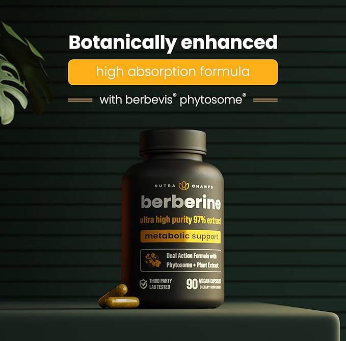 NutraChamps Berberine Supplement | Ultra High Strength 97% Purity | Berberine HCL 1500mg + Berbevis Phytosome Extract for Enhanced Absorption &amp Metabolic Support | Premium 500mg 90 Vegan Capsules