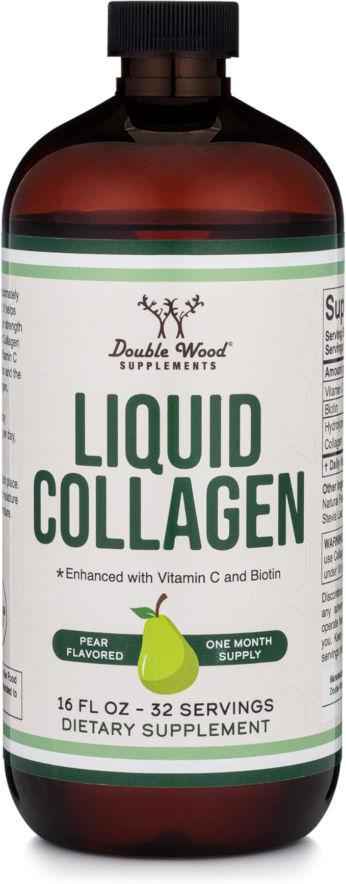 Double Wood Supplements Premium Liquid Collagen - 2500mg of Hydrolyzed Bovine Collagen (Type 1 3 and Grassfed) - 32 Servings - for Women and Men - 30 mcg of Biotin - Sugar Free Pear Flavor