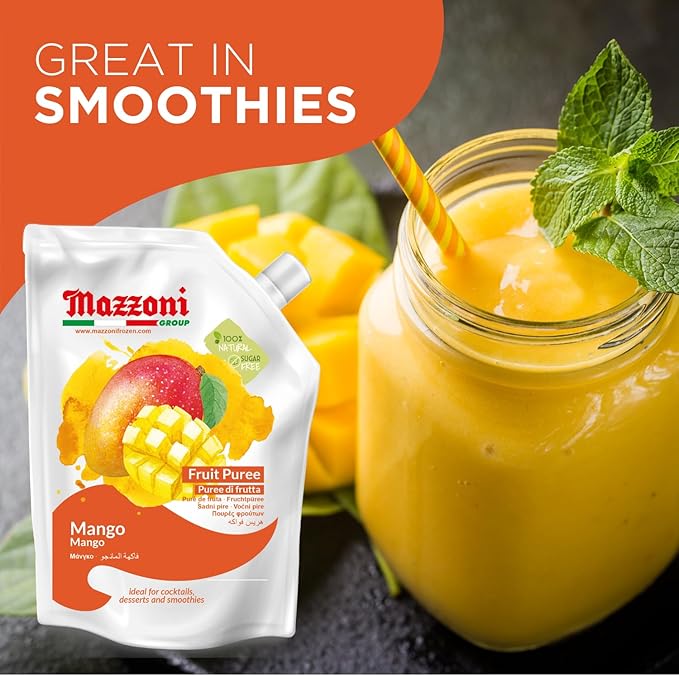 Mazzoni - Mango Puree Juice 100% Pure Mango Lassi Just Fruit Nectar No Sugar Added 2.2 lbs (35.2 oz) Real Fruit Mixer for Cocktails Drinks Smoothies Convenient Pouch Made in Italy