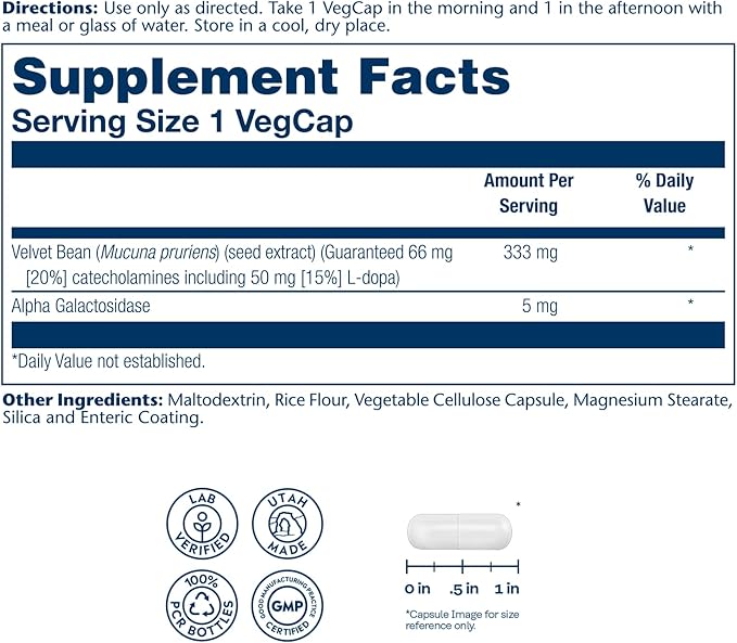 SOLARAY Dopabean 333mg - Mucuna Pruriens L-Dopa - Wellness Support Supplement - Velvet Beans Seed Extract with 15% L Dopa Plus Alpha Galactosidase - Enteric Coated 60-Day Guarantee - 60 Servings