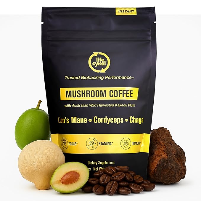 Lifecykel Mushroom Coffee – Arabica Blend with Lion’s Mane Chaga Extract Cordyceps &amp Kakadu Plum | Focus | Adaptogenic Smooth &amp Jitter-Free | 106 mg