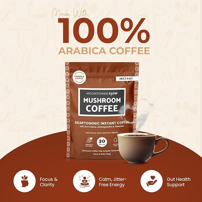 Moontower Organic Mushroom Coffee - Instant Adaptogenic Blend with Lion's Mane Ashwagandha L-Theanine &amp Prebiotic Inulin for Focus Calm Energy &amp Gut Health - Real Ground Coffee - 30 Serving