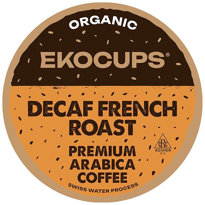 EKOCUPS Organic Swiss Water Decaf French Roast Coffee Pods Extra 30% More Coffee Per Cup Artisan Fair Trade Dark Roast Decaf French Roast for Keurig K Cup Machines Recyclable Pods 80 Count
