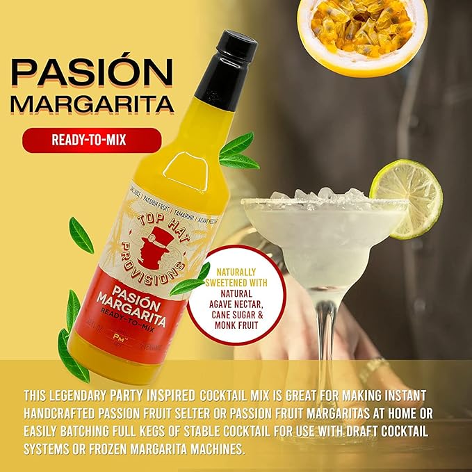 Top Hat Passion Fruit Margarita Drink Mix (Pasión Margarita) - Handcrafted with Passion Fruit Organic Agave Nectar &amp Organic Lime Juice - Low Calorie - 2 Pack of 32oz Bottles