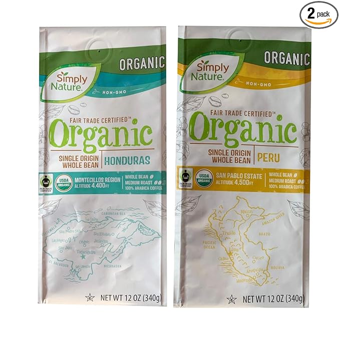 BARISSIMO PERU and HONDURAS Organic Whole Coffee Beans Medium Roast Fair Trade Certified (Combo 2 Pack 12oz ea)