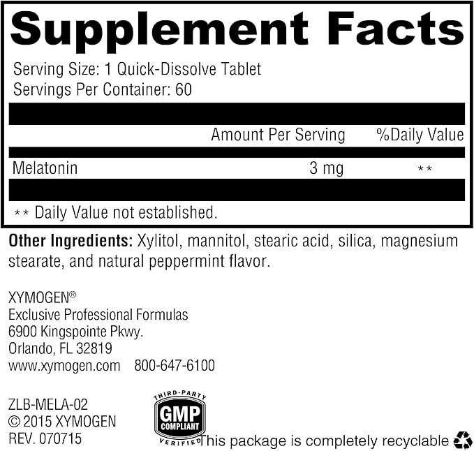 XYMOGEN Melatonin - Peppermint Lozenges - 3mg Melatonin Supplement for Nighttime Antioxidant + Immune Support (60 Quick-Dissolve Tablets)
