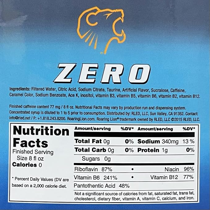 Roaring Lion Zero energy drink (1 Gallon Bag-in-Box Syrup Concentrate) - Sweetened with Stevia - Zero Calories Carbs Sugar - Box Pours 6 Gal of Energy Drink - Use with Bar Gun Fountain SodaStream
