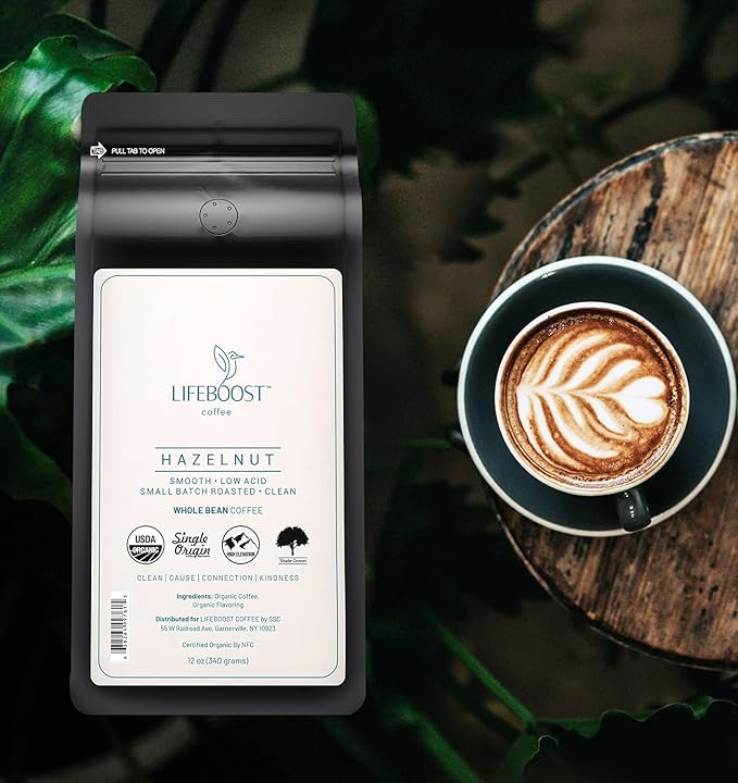 Lifeboost Hazelnut Whole Bean Coffee – Organic Low Acid Non-GMO Hazelnut Flavored Coffee – Single Origin Mold-Free Mycotoxin Tested 12 oz