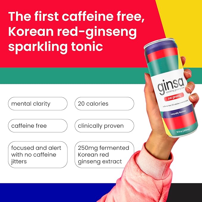 ginsa Sparkling Ginseng Energy Drink with Korean Red Ginseng | Natural Energy Booster | Non-GMO Supports Focus &amp Clarity with Pure Ginseng Root No Caffeine | 12 Pack | 12oz | Ginseng + Honey Fla
