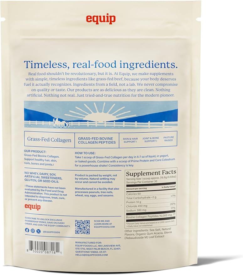 Equip Foods Grass Fed Collagen Powder | Hydrolyzed Bovine Collagen Peptides with Amino Acids | Prime Beef Collagen for Healthy Joints Skin &amp Nails | Non-GMO Paleo Friendly | 30 Servings Vanilla