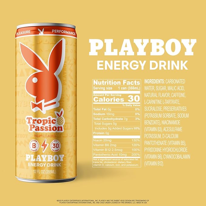 PLAYBOY Energy Drink – Tropic Passion (Pineapple) – 12 Pack of 12oz Cans | Performance + Pleasure Energy | NextGen Lifestyle Drink