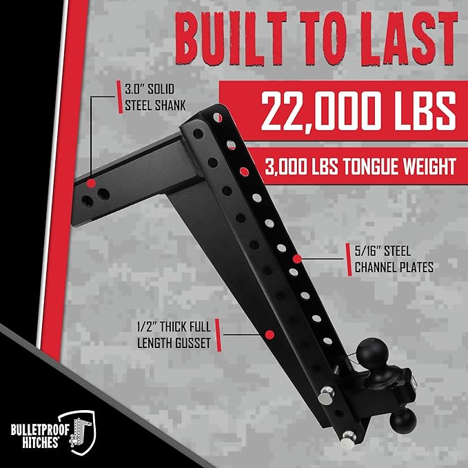 BulletProof Hitches - 3.0 Adjustable Heavy Duty Trailer Hitch (22000 lb. Rating) - 20 Drop/Rise Trailer Hitch with 2 &amp 2-5/16 Dual Ball - Powder Coat Solid Steel Corrosion-Resistant