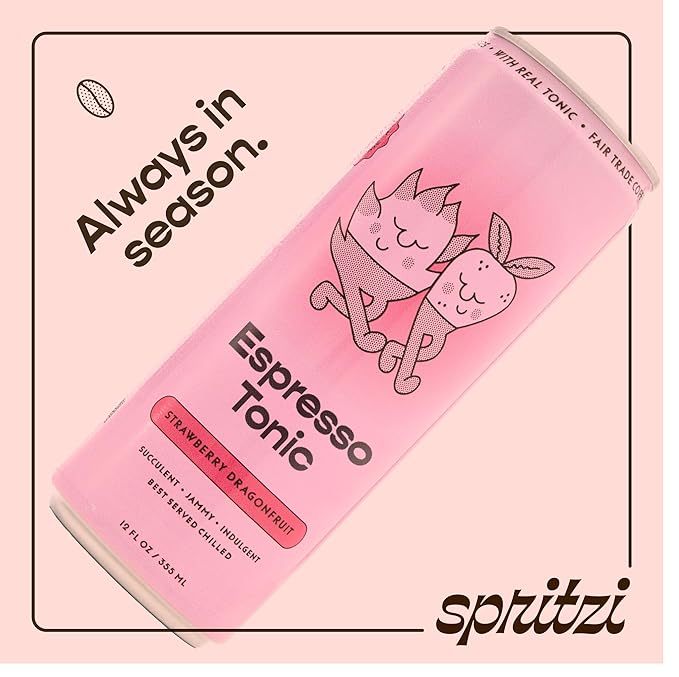 Spritzi Strawberry Dragonfruit - Sparkling Espresso Tonic - 75mg Caffeine 9g Sugar Fair Trade Coffee Naturally Sweetened Refreshing Energy Alternative - Canned Coffee Drinks (12 Fl Oz x 12 Pack)