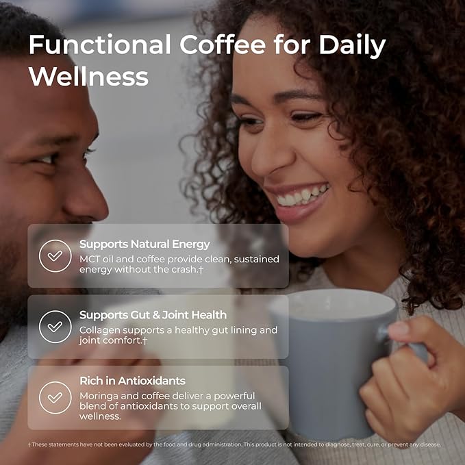 Livingood Daily Instant Collagen Coffee with Moringa Vanilla - Instant Ground Coffee - Low Acid Shade Grown &amp Made with Organic Coffee - Metabolism Detox &amp Energy Boosting - 12 Oz