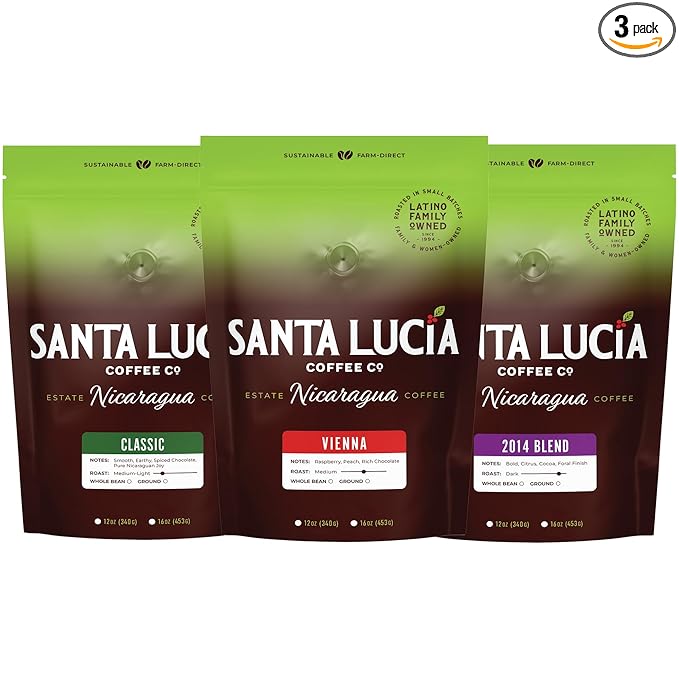 Santa Lucia Coffee - Specialty Nicaraguan Coffee Variety Pack - Light Medium &amp Dark Roast - Low Acid 91 Point SHG Small Batch Roasted 100% Single-Origin Ground Coffee 3 Bags (16oz Each)