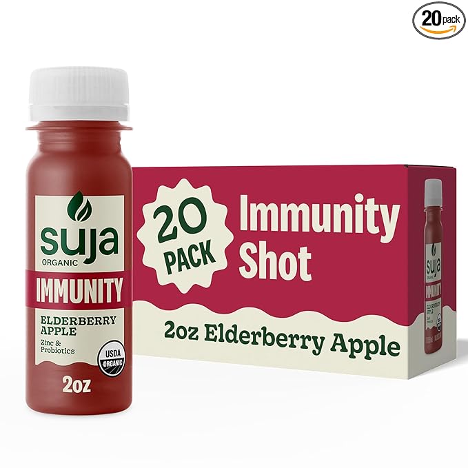 Suja Organic Immunity Elderberry Shot with Turmeric and Ginger | Immunity Boost &amp Support | Functional Shots | Cold-Pressed Juice with Live Probiotics | Plant-Based &amp Gluten-Free (20 Pack)