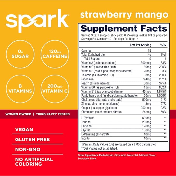 AdvoCare Spark - Energy Drink Mix - Vitamin &amp Amino Acid Supplement - Supports Energy &amp Focus - Portable Immune Support - Sugar-Free - Mango Strawberry (10.5 oz)