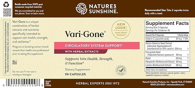 Nature's Sunshine Vari-Gone 90 Capsules Varicose Vein Supplements with 7 Powerful Herbs and Nutrients That Support Circulation for Vein Health Strength and Function