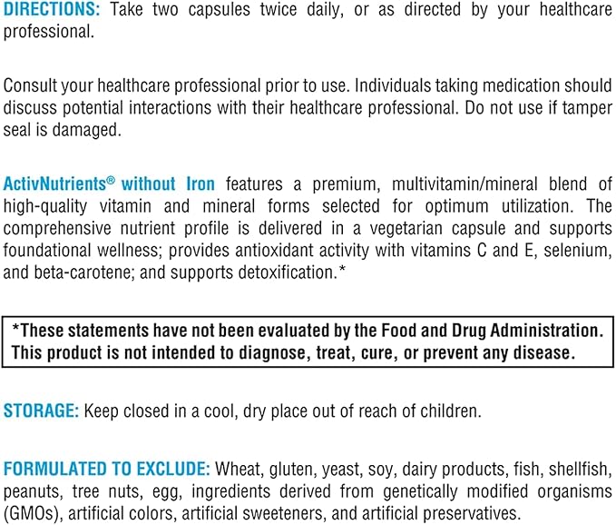 XYMOGEN ActivNutrients without Iron - No Iron Multivitamin for Wellness Support - Energy Production &amp Immune Support - Antioxidant Activity - Gluten-Free &amp Dairy-Free - 240 Count