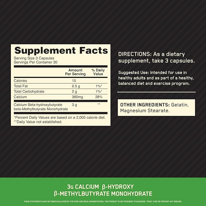 Optimum Nutrition HMB 1000 Caps 1g of Calcium beta-Hydroxy beta-methylbutyrate per Capsule 90 Capsules 30 Servings (Pack of 2)
